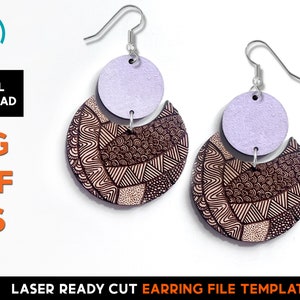 May include: A pair of laser-cut earrings with a geometric design. Each earring has a lavender circle above a crescent-shaped piece with intricate patterns in brown and beige. The earrings have silver hooks. The image includes the text "DIGITAL DOWNLOAD" and "SVG PDF EPS".