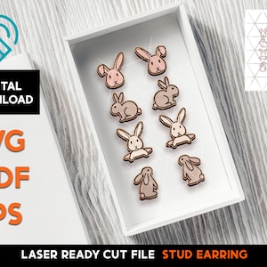Set di orecchini a forma di coniglietto - File SVG tagliato al laser - Glowforge Ready - Modello per gioielli