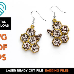 Bee Floral Earring Set 3 - Laser Cut SVG File - Glowforge Ready - Sieraden Sjabloon - honing, honingraat, bloemen, hommel, bijenkorf, honing