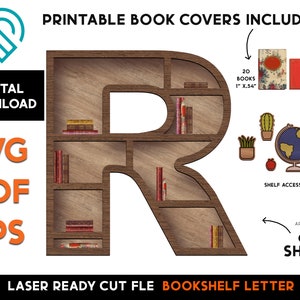 May include: A laser cut file for a bookshelf shaped like the letter R. The bookshelf is 6 inches tall and has shelves for 20 books that are 1 inch by .54 inches and 30 books that are .5 inches by .75 inches. The file includes printable book covers and shelf accessories.