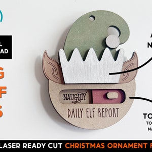 Elf Report Christmas Ornament - Toggle to Naught or Nice - Laser Ready SVG Cut File Template - Easy Cut and Score only