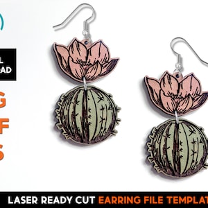 Conjunto de pendientes colgantes de flores de cactus - Archivo SVG cortado con láser - Glowforge Ready - Plantilla de joyería - Suculenta, cactus, Planta, Saguaro
