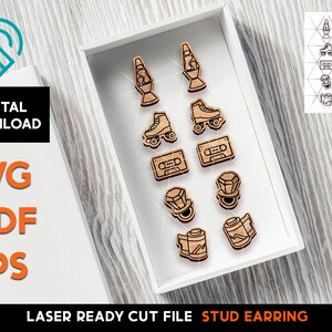 May include: A set of 10 laser cut stud earring designs, including a lava lamp, roller skates, a cassette tape, a film camera, and a diamond ring. The designs are on a white background and are ready to be cut out.