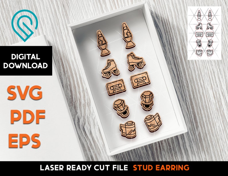 May include: A set of 10 laser cut stud earring designs, including a lava lamp, roller skates, a cassette tape, a film camera, and a diamond ring. The designs are on a white background and are ready to be cut out.
