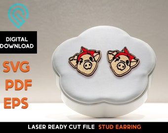 Pig  - Farmhouse Retro Bandana Stud Earring - Laser Cut SVG File - Glowforge Ready - Jewelry Template