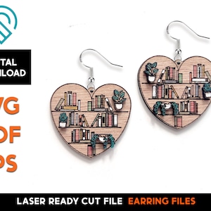 Livre étagère plantes - boucle d’oreille ensemble - fichier SVG découpé au Laser - Glowforge prêt - modèle de bijoux - goujon, coeur, BookStack, bibliothèque, lecture,
