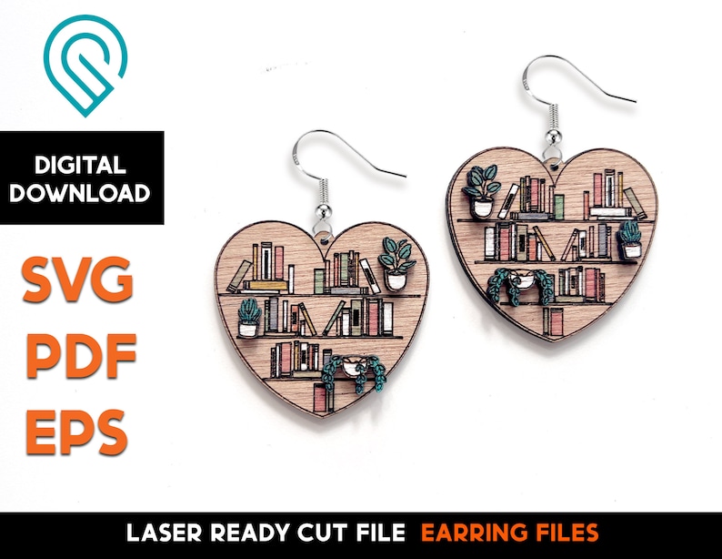 May include: A pair of laser cut wooden earrings shaped like a heart with a bookshelf design. The bookshelf is filled with colorful books and small potted plants. The earrings are ready to be assembled.