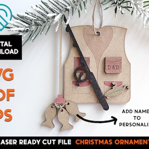 Fishing Vest Christmas Ornament -  Laser Ready SVG Cut File Template - Personalize fishes, Lake, Gone Fishing