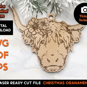 Highland Cow - Farm Floral Engrave -  Christmas Ornament - Laser SVG Cut File – Glowforge Ready – Farmhouse
