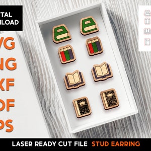May include: A set of 9 laser cut stud earring designs featuring different book and stack of books illustrations. The designs are on a white background in a white box. The text "LASER READY CUT FILE STUD EARRING" is at the bottom of the image.