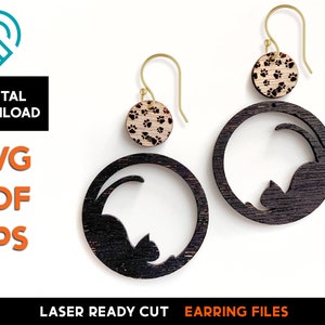 Boucle d'oreille de chat - Fichier SVG découpé au laser - Glowforge Ready - Modèle de bijoux - Animaux de compagnie, Kitty, Rétro