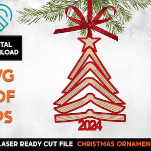May include: Red and white Christmas ornament shaped like a Christmas tree made of stacked books with the year 2024 on the bottom.