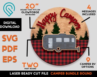 Happy Camper RV Schild - Laser SVG Cut Datei – Glowforge Ready – 9 RV Auswahlmöglichkeiten