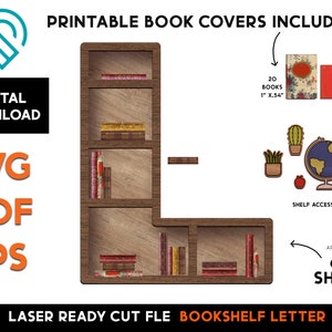 L - Letra inicial - Estante de livros em miniatura DIY - Arquivo de corte SVG a laser de madeira - pronto para Glowforge - alfabeto, casa de bonecas, leitura, livros, estante