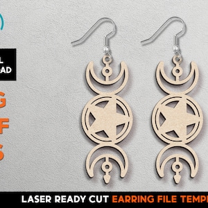 May include: Two laser-cut wooden earrings with a celestial design. Each earring features a crescent moon, a star within a circle, and a smaller crescent. The earrings hang from silver-colored hooks. Text on the left reads "DIGITAL DOWNLOAD, SVG, PDF, EPS". The bottom text says "LASER READY CUT EARRING FILE TEMPLATE".