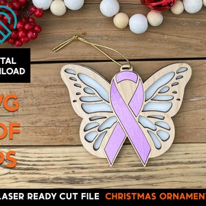 Cancer Ribbon Butterfly Christmas Ornament Laser SVG Cut File – Glowforge Ready – Hope, Faith, Remission, Survivor
