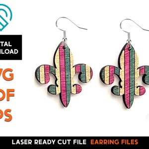 Mardi Gras Earring Set 6 - Laser Cut SVG File - Glowforge Ready - Jewelry Template - Fat Tuesday, New Orleans, Mask, Beads, Fleur de lis
