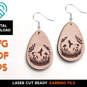 Hummingbird Botanical Earrings - Laser Ready SVG Cut File Template - Glowforge Ready - Humming Bird
