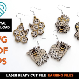 Bee Floral Earring Set - Laser Cut SVG-bestand - Glowforge Ready - Sieraden sjabloon - honing, honingraat, bloemen, hommel, bijenkorf, honing