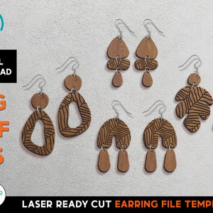 May include: Laser cut earring file template featuring six different earring designs. The designs include a leaf, a geometric shape, and a layered design. The file is available in SVG, PDF, and EPS formats.