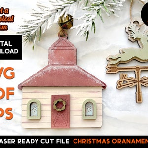 Farmhouse Christmas Ornament SVG Laser Cut File: Barn, Deer, Wind Vane (Digital Download)