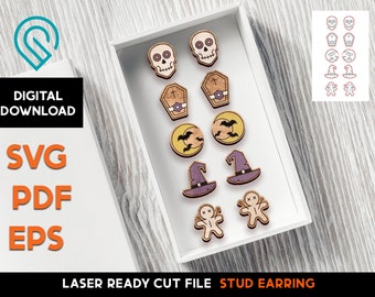 Halloween Stud Earring Set 4 - Laser Cut SVG File - Glowforge Ready - Jewelry Template - voo-doo, moon, witch