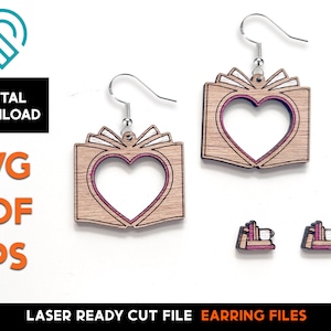 Buch Liebe 3 - Ohrring Set - Laser Holz geschnitten SVG Datei - Glowforge Ready - Schmuck Vorlage - Ohrstecker, Herz, BookStack, Lehrer, Reading, Kaffee