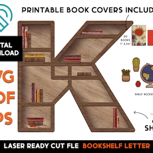 K - Letra inicial - Estante de libros en miniatura DIY - Archivo de corte SVG láser de madera – Glowforge Ready – Alfabeto, Casa de muñecas, Lectura, Libros, Librería