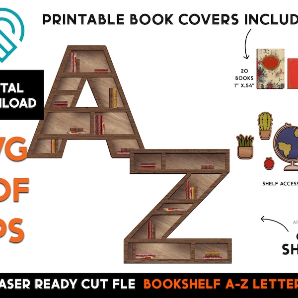 A - Z Initial Letter - Miniature Book Shelf DIY - Wood Laser SVG Cut File – Glowforge Ready – Alphabet, Dollhouse, Reading, Books, Bookcase