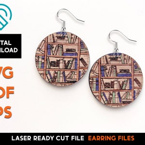 Boekenplank Oorbellen Rond - Laser Hout Gesneden SVG Bestand - Glowforge Ready - Sieraden Sjabloon - Bibliotheek, Leraar, Lezen, Boekenliefhebber, Boekenkast