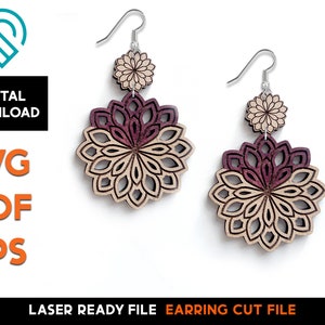 Set di orecchini floreali Lotus Mandala - File SVG tagliato al laser - Glowforge Ready - Modello di gioielli