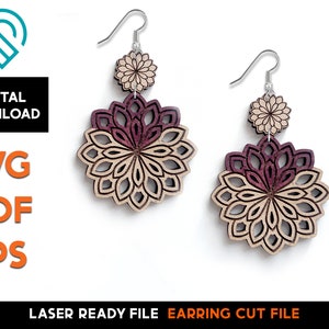 Floral Lotus Mandala Earring Set - Laser Cut SVG File - Glowforge Ready - Jewelry Template