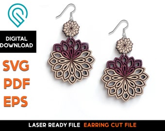 Floral Lotus Mandala Earring Set - Laser Cut SVG File - Glowforge Ready - Jewelry Template