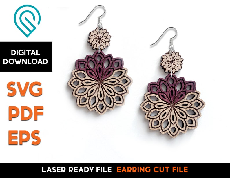 Floral Lotus Mandala Earring Set Laser Cut SVG File Glowforge Ready Jewelry Template image 1