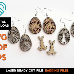 Boucles d'oreilles fantaisie Pâques Set 6 - Fichier SVG découpé au laser - Glowforge Ready - Modèle de bijoux - Lapin, Oeuf, Tourbillon