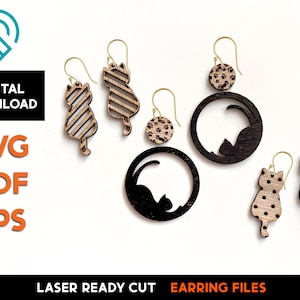 Ensemble de boucle d'oreille de chat - Fichier SVG découpé au laser - Glowforge Ready - Modèle de bijoux - Animaux de compagnie, Kitty, Rétro