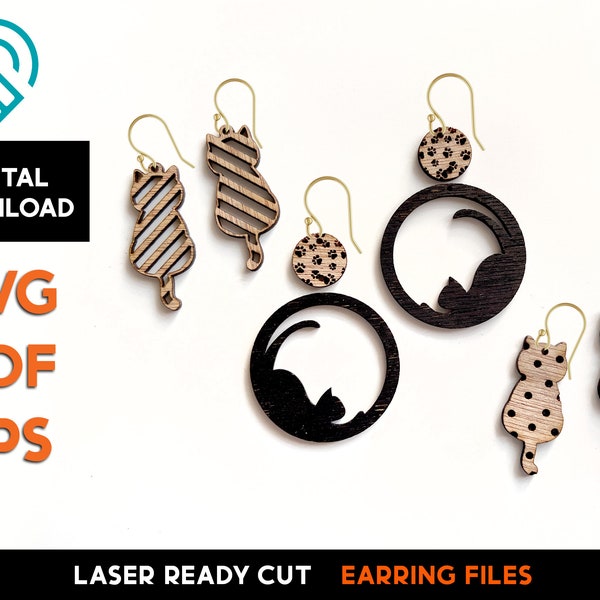 Cat Earring Set - Laser Cut SVG File - Glowforge Ready - Jewelry Template - Pets, Kitty, Retro