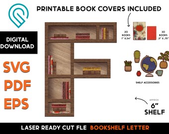 Initial 'F' Bookshelf DIY: Wood Laser Cut File, Dollhouse Decor (Digital Download)