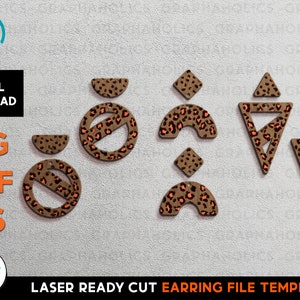 May include: Laser cut earring template featuring a variety of geometric shapes with a leopard print pattern in brown and orange.