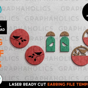 May include: A set of four laser cut earring templates featuring a bird on a branch design. The earrings are available in two styles: a round design with a bird on a branch and a rectangular design with a bird on a branch. The templates are ready to be cut with a laser cutter.