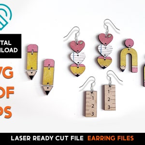 Conjunto de brincos escolares para professores - Arquivo SVG cortado a laser - Pronto para Glowforge - Modelo de joias - De volta às aulas, lápis, régua, amor