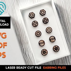 May include: A white box with a variety of laser cut wooden earring designs. The designs include a star, a cross, a hexagon, a circle, and a screw. The text "LASER READY CUT FILE EARRING FILES" is printed below the box.