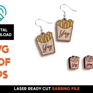 May include: Laser cut wooden earrings featuring a chip container with the word "Yay" inscribed on it. The earrings are available in two sizes, one larger and one smaller.
