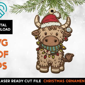 Ornement de lumières de Noël vache - fichier SVG découpé au laser - Glowforge ready and testé - vache Highland Farm avec bonnet de Noel et lumières