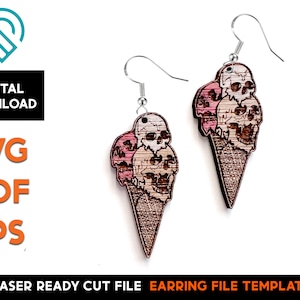 Totenkopf Eistüte Ohrring Set - Laser Cut SVG Datei - Glowforge Ready - Schmuck Vorlage - Gravur - Valentines Day