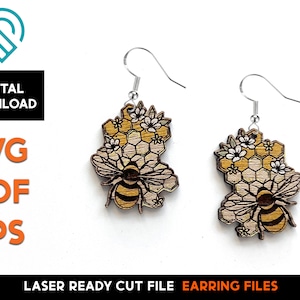 Bee Floral Earring Set 1 - Laser Cut SVG File - Glowforge Ready - Sieraden Sjabloon - honing, honingraat, bloemen, hommel, bijenkorf, honing