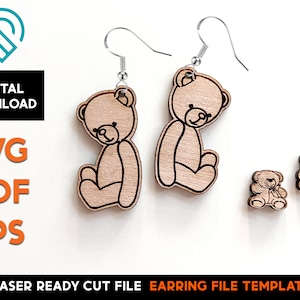 Teddy Bear Valentine Earrings - Laser Cut SVG File - Glowforge Ready - Jewelry Template - Hanging and Studs included