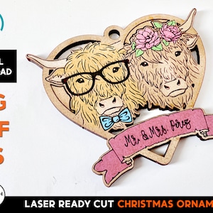 Farm Highland Cow Couple Christmas Ornament Laser SVG Cut File – Glowforge Ready – Engaged, Married, Fluffy Cows, Personalize