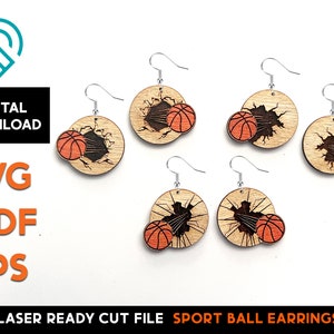 Boucles d'oreilles de basket-ball - Fichier SVG découpé au laser - Glowforge Ready - Modèle de bijoux - TÉLÉCHARGEMENT NUMÉRIQUE - Boucle d'oreille de balle de sport
