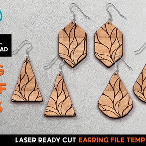 Puede incluir: Conjunto de seis plantillas de pendientes cortadas con láser con un patrón de hojas. Los pendientes tienen forma de lágrima, triángulo y hexágono. Las plantillas están listas para ser cortadas en una cortadora láser.